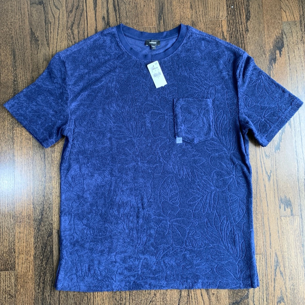 Express Men's S Small Navy Terry Cloth Shirt Floral Textured Cotton Modal Pocket